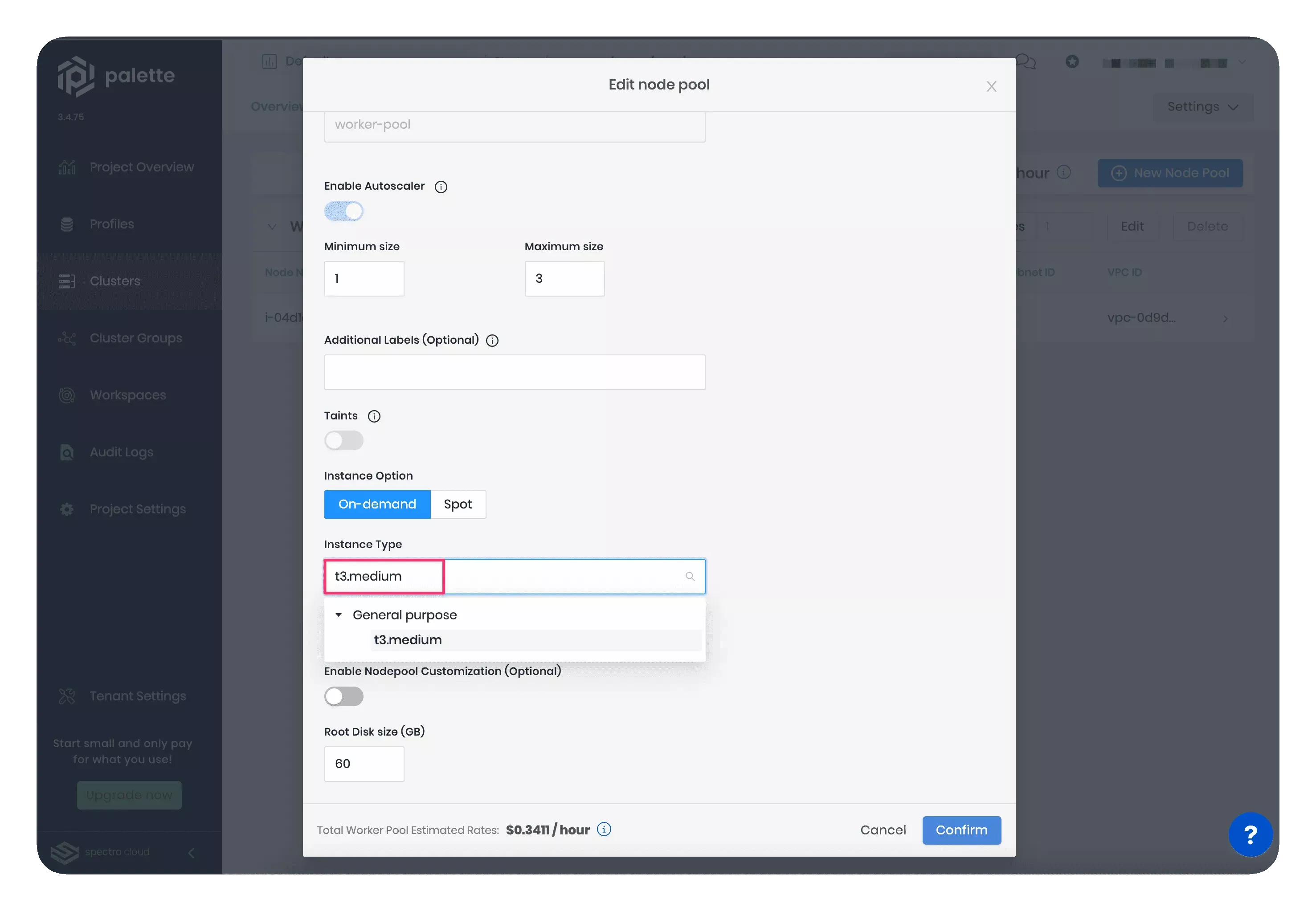 A snapshot displaying how to edit node pool configuration.