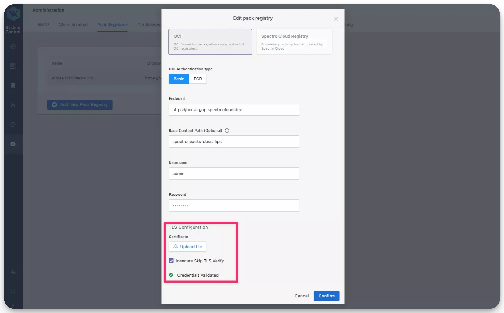 A pack registry configuration screen.